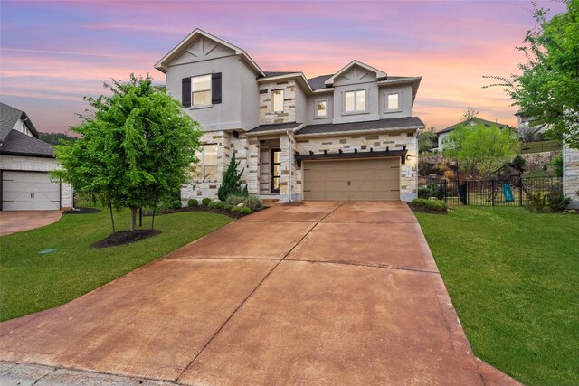 308 Highland Village Cv, Austin, TX 78738 - view of front of home with stone siding, a garage, driveway, and stucco siding