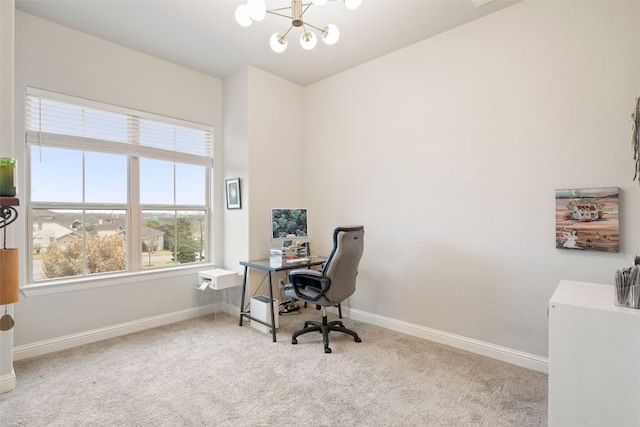 308 Highland Village Cv, Austin, TX 78738 - office area featuring carpet, a chandelier, and baseboards