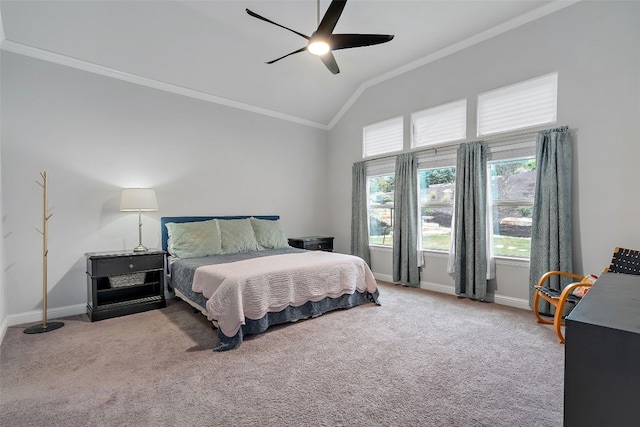 308 Highland Village Cv, Austin, TX 78738 - bedroom with lofted ceiling, ornamental molding, carpet, baseboards, and a ceiling fan