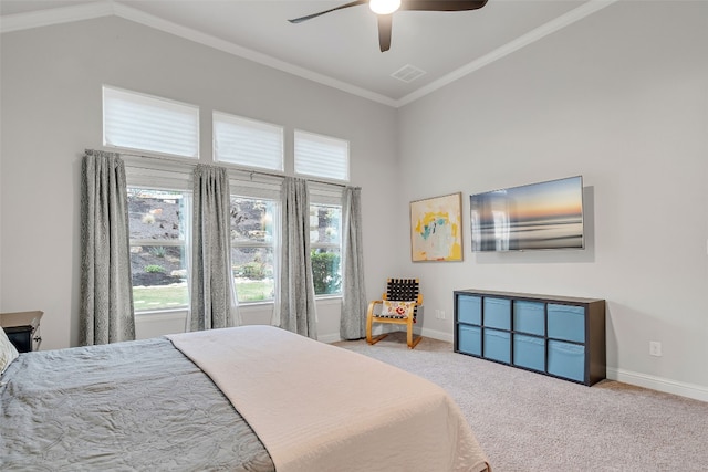 308 Highland Village Cv, Austin, TX 78738 - bedroom featuring carpet flooring, baseboards, crown molding, ceiling fan, and a high ceiling