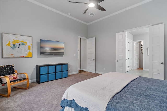 308 Highland Village Cv, Austin, TX 78738 - bedroom featuring ornamental molding, carpet floors, baseboards, and ceiling fan