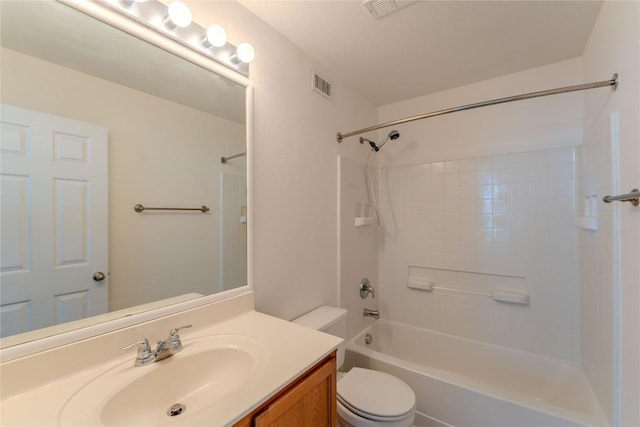 full bath featuring toilet, vanity, bathing tub / shower combination, and visible vents