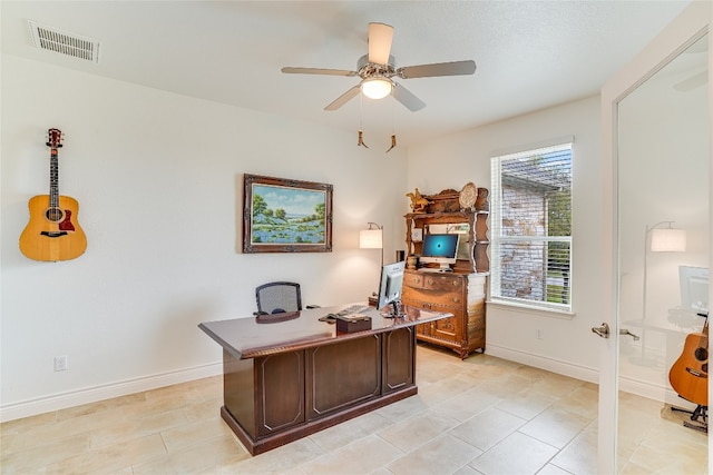 334 Sapling Dr, Driftwood, TX 78619 - office area with a ceiling fan and light tile patterned flooring