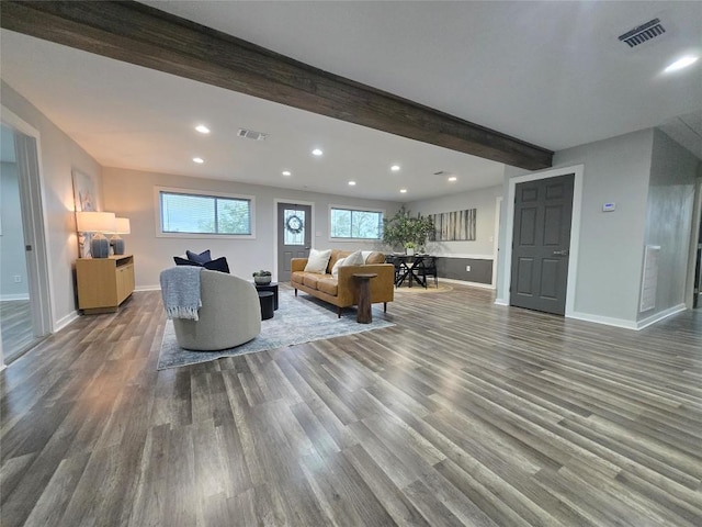 507 W 1st St, Flatonia, TX 78941 - living room with recessed lighting, wood finished floors, and beam ceiling