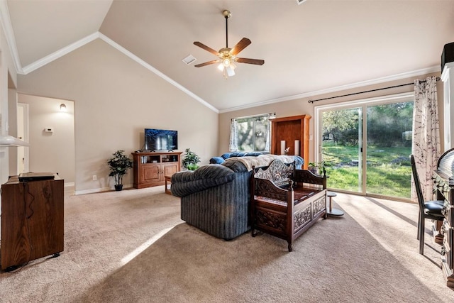 1135 Twisted Oak Ct, Canyon Lake, TX 78133 - living area featuring carpet, vaulted ceiling, a ceiling fan, and crown molding
