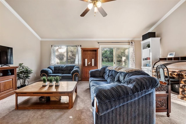 1135 Twisted Oak Ct, Canyon Lake, TX 78133 - living area with light carpet, crown molding, a ceiling fan, and vaulted ceiling