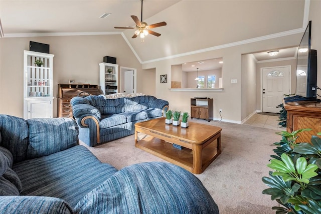 1135 Twisted Oak Ct, Canyon Lake, TX 78133 - living room with light carpet, a ceiling fan, lofted ceiling, and ornamental molding