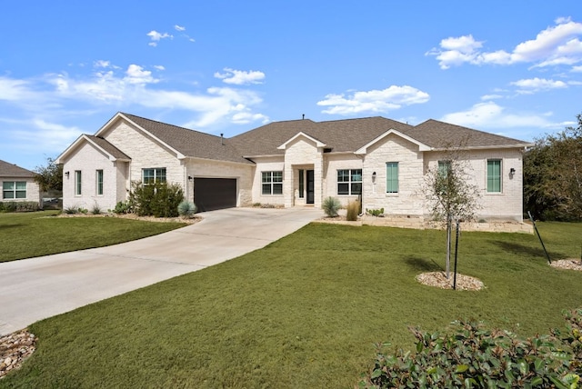 ranch-style house with brick siding, a garage, driveway, and a front yard