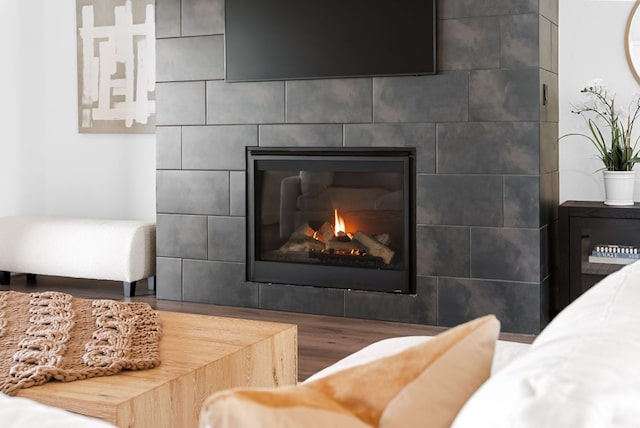 room details with a tiled fireplace and wood finished floors