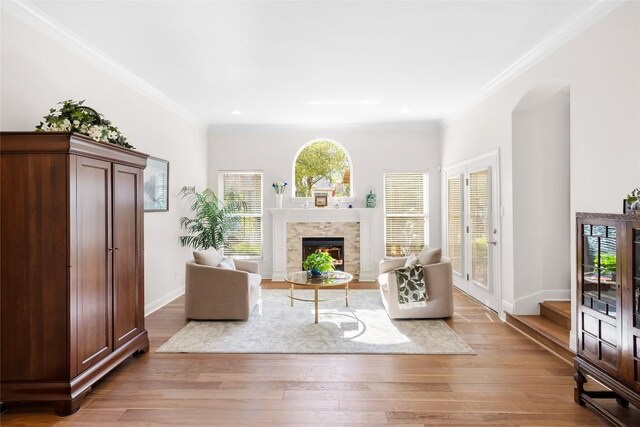 10005 Cormorant Cv, Austin, TX 78730 - living area with a fireplace, ornamental molding, wood finished floors, baseboards, and recessed lighting