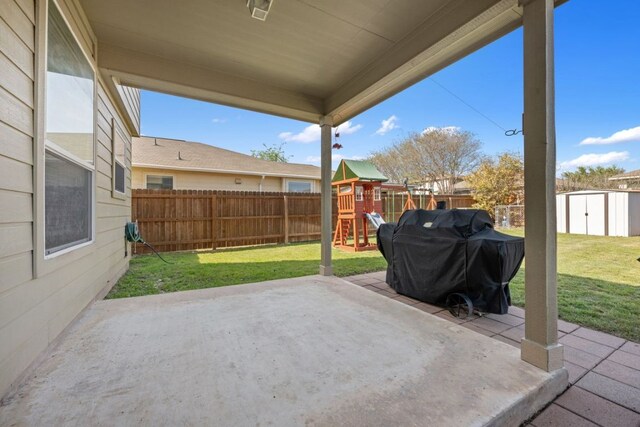 2125 Conner Dr, New Braunfels, TX 78130 - view of patio / terrace with a playground and area for grilling