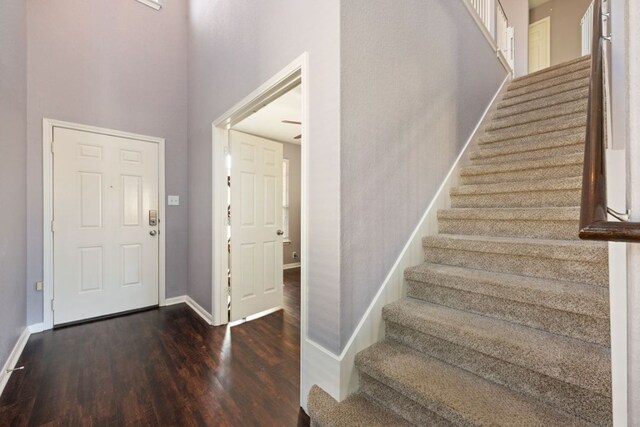 2125 Conner Dr, New Braunfels, TX 78130 - foyer with stairs, wood finished floors, baseboards, and a towering ceiling