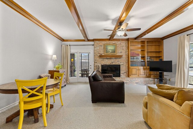 3806 Eagle Way, Round Rock, TX 78681 - living room with beamed ceiling, plenty of natural light, a ceiling fan, carpet floors, and ornamental molding