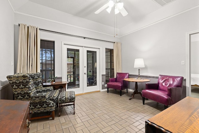 3806 Eagle Way, Round Rock, TX 78681 - living room featuring french doors, brick patterned flooring, a ceiling fan, and baseboards