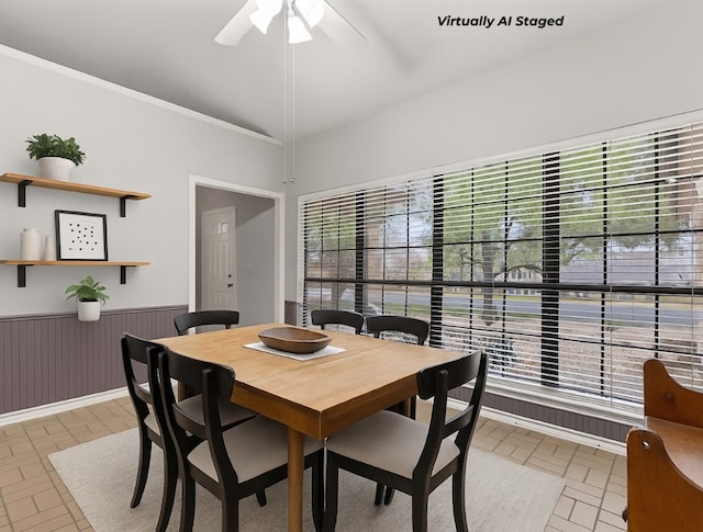 3806 Eagle Way, Round Rock, TX 78681 - dining space with healthy amount of natural light, ceiling fan, a wainscoted wall, brick patterned floors, and ornamental molding