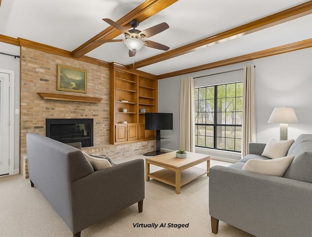 3806 Eagle Way, Round Rock, TX 78681 - living area with beamed ceiling, light carpet, ceiling fan, a brick fireplace, and built in shelves