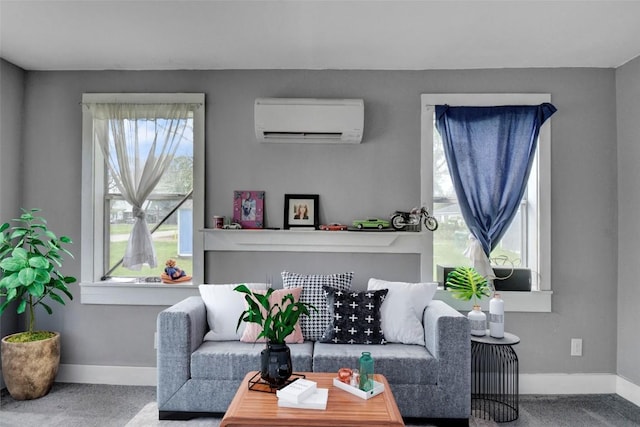 living room with baseboards and a wall mounted air conditioner