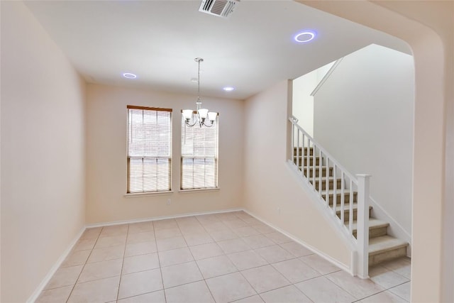 868 Water Hyacinth Loop, Leander, TX 78641 - unfurnished dining area with stairway, a chandelier, light tile patterned floors, and recessed lighting