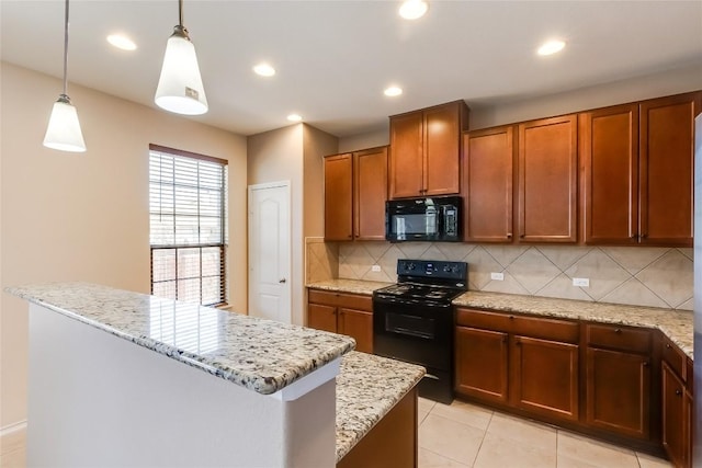 868 Water Hyacinth Loop, Leander, TX 78641 - kitchen featuring black appliances, tasteful backsplash, light stone counters, brown cabinets, and recessed lighting