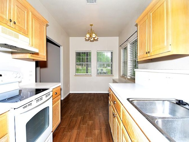 159 Moku Manu Dr, Bastrop, TX 78602 - kitchen featuring white range with electric cooktop, under cabinet range hood, a chandelier, dark wood finished floors, and light countertops