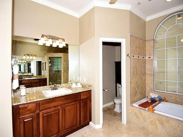159 Moku Manu Dr, Bastrop, TX 78602 - bathroom featuring a bath, vanity, tiled shower, tile patterned floors, and crown molding
