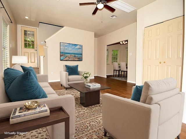 159 Moku Manu Dr, Bastrop, TX 78602 - living room with wood finished floors, a ceiling fan, and recessed lighting