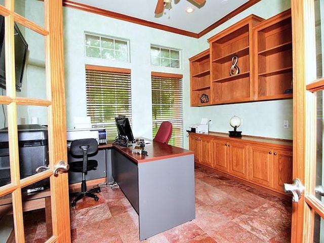 159 Moku Manu Dr, Bastrop, TX 78602 - office space with crown molding, a ceiling fan, and recessed lighting