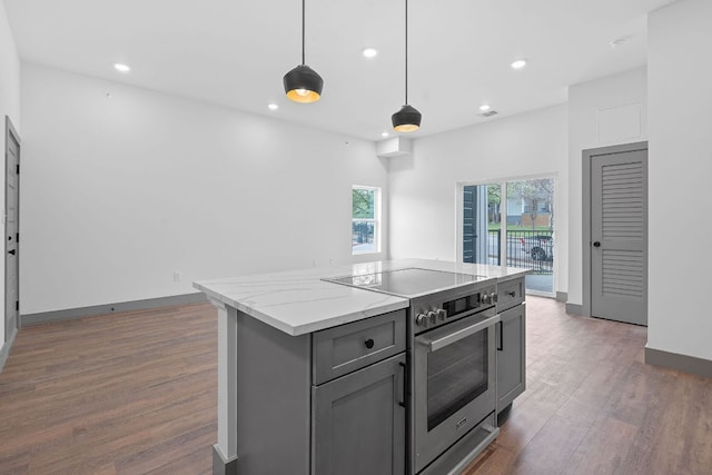 2450 Wickersham Ln Unit 2021, Austin, TX 78741 - kitchen featuring high end range, gray cabinets, wood finished floors, recessed lighting, and a center island