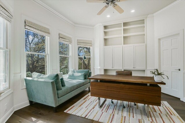 4500 Waterford Pl, Austin, TX 78731 - office space with dark wood-style floors, a ceiling fan, ornamental molding, and recessed lighting