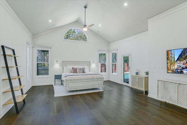 4500 Waterford Pl, Austin, TX 78731 - bedroom with wood finished floors, high vaulted ceiling, access to outside, a ceiling fan, and ornamental molding