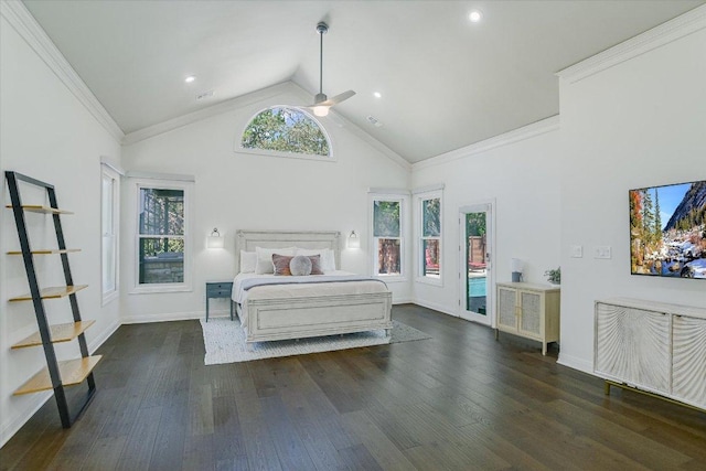 4500 Waterford Pl, Austin, TX 78731 - bedroom featuring wood finished floors, high vaulted ceiling, access to exterior, ceiling fan, and crown molding