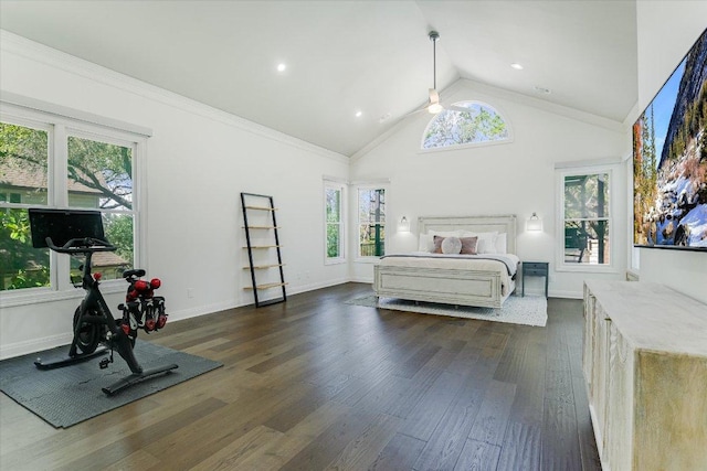 4500 Waterford Pl, Austin, TX 78731 - bedroom featuring dark wood finished floors, high vaulted ceiling, and recessed lighting