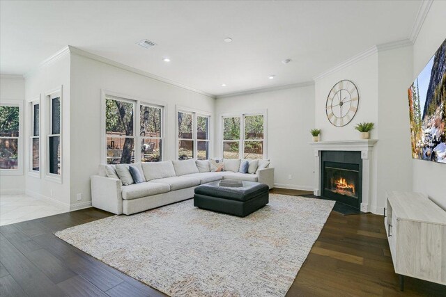 4500 Waterford Pl, Austin, TX 78731 - living room with a fireplace with flush hearth, plenty of natural light, dark wood finished floors, ornamental molding, and recessed lighting