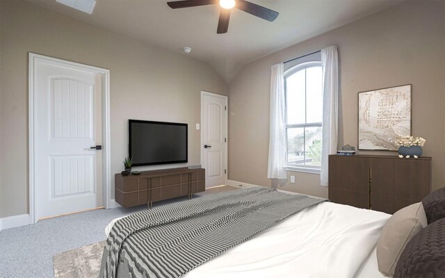bedroom with a ceiling fan, carpet floors, and baseboards