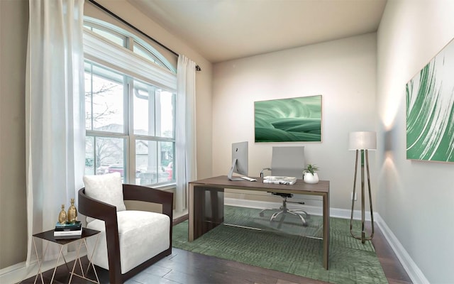 office space with baseboards and wood finished floors