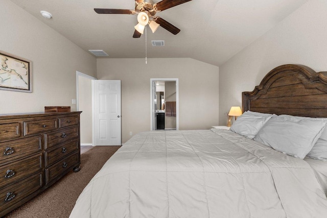 8517 Cantera Ridge Rd, Temple, TX 76502 - bedroom featuring dark colored carpet, vaulted ceiling, ensuite bathroom, and a ceiling fan
