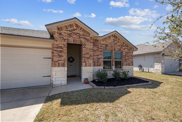 8517 Cantera Ridge Rd, Temple, TX 76502 - view of front of property featuring brick siding, an attached garage, a front lawn, stone siding, and concrete driveway