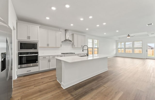 417 Singing Dove Way, Liberty Hill, TX 78642 - kitchen featuring appliances with stainless steel finishes, wall chimney exhaust hood, recessed lighting, light wood-style floors, and a ceiling fan