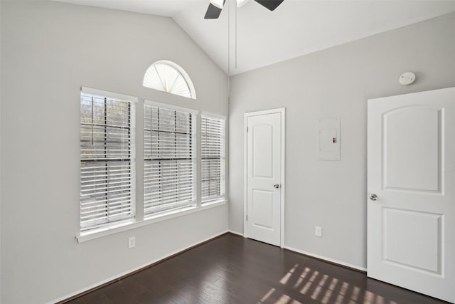11404 Walnut Ridge Dr Unit 5, Austin, TX 78753 - unfurnished bedroom featuring lofted ceiling, dark wood-style flooring, a ceiling fan, and baseboards
