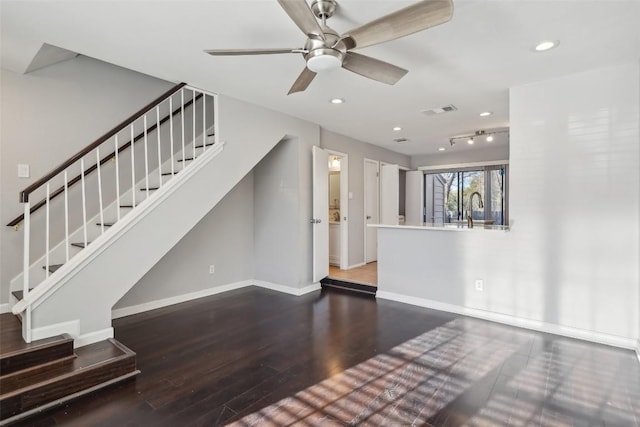 11404 Walnut Ridge Dr Unit 5, Austin, TX 78753 - unfurnished living room featuring stairway, wood finished floors, baseboards, recessed lighting, and ceiling fan