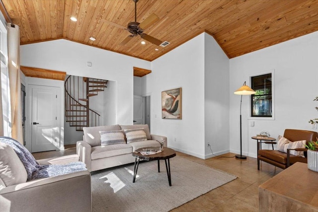 3805 Turkey Creek Dr, Austin, TX 78730 - living area with stairs, a ceiling fan, vaulted ceiling, and wooden ceiling