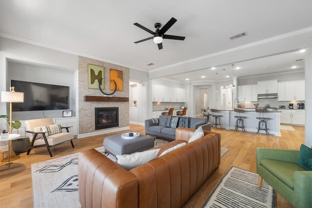 8409 Lookout Cliff Pass, Austin, TX 78737 - living area with a ceiling fan, ornamental molding, light wood-style flooring, and a large fireplace