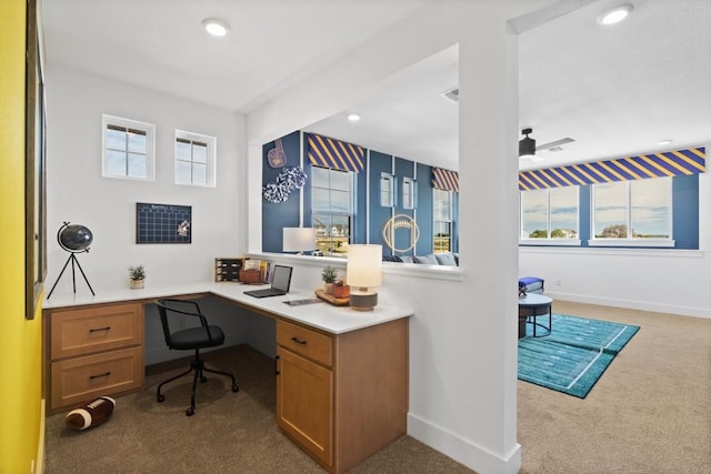100 Silent Grove Ct, Georgetown, TX 78642 - office space featuring built in desk, carpet flooring, healthy amount of natural light, recessed lighting, and a ceiling fan