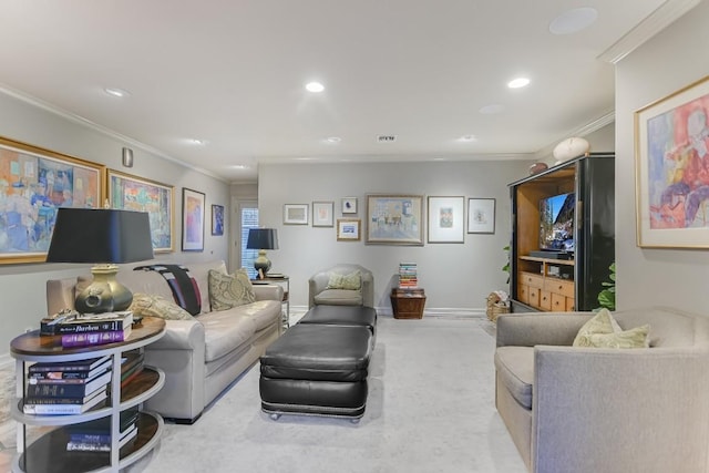 1304 Gaston Ave, Austin, TX 78703 - carpeted living area with ornamental molding, recessed lighting, and baseboards