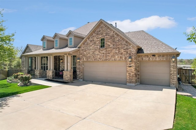 view of front of property with brick siding, fence, and a porch