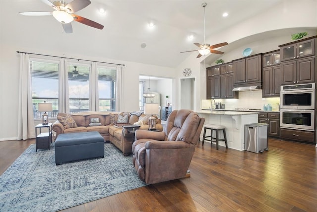living area featuring high vaulted ceiling, a ceiling fan, and dark wood finished floors