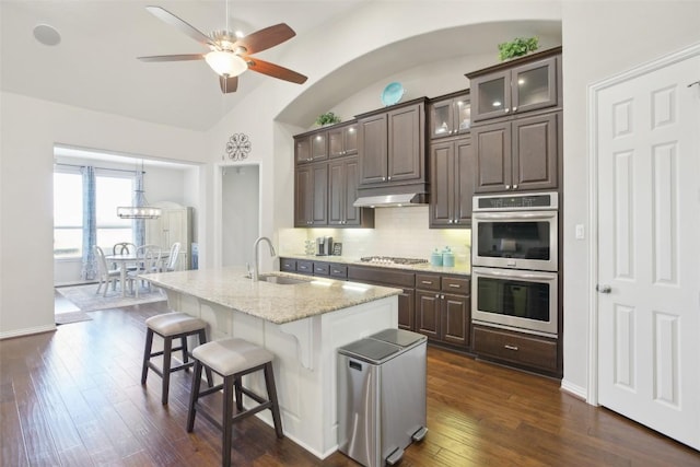 kitchen featuring decorative backsplash, ceiling fan with notable chandelier, dark brown cabinetry, a sink, and appliances with stainless steel finishes