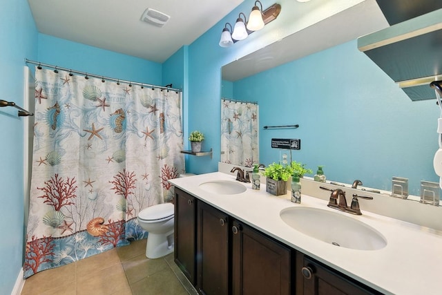 full bathroom with tile patterned flooring, visible vents, toilet, and a sink