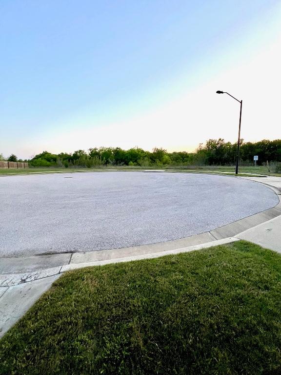 view of road with street lights and curbs