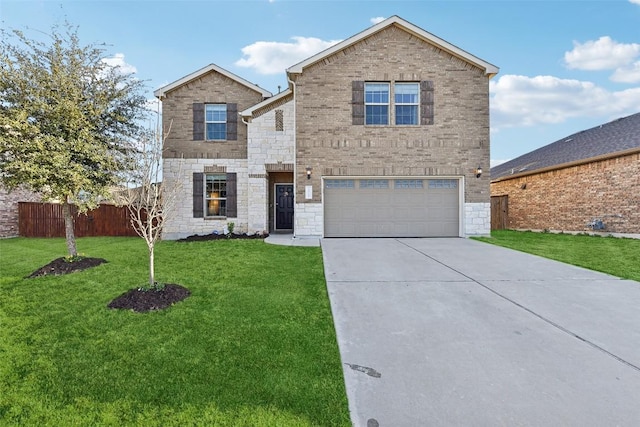 traditional-style home with concrete driveway, stone siding, an attached garage, fence, and a front yard
